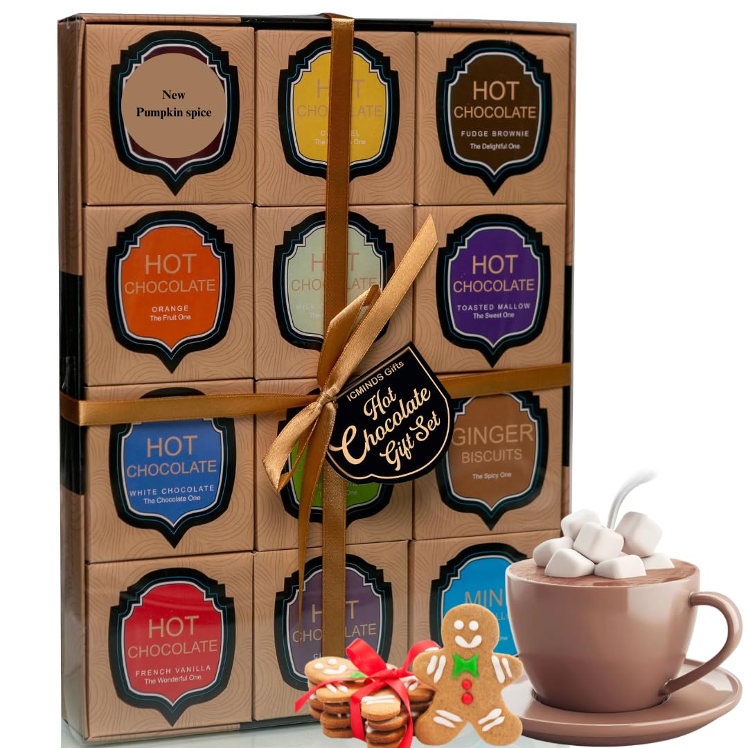 Luxury hot chocolate gift set with 12 flavoured sachets, marshmallows and gingerbread men in ribboned gift box
